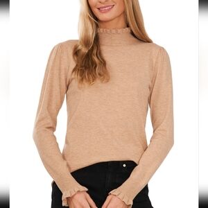 Cece Ruffled Neck Sweater Tan Size M